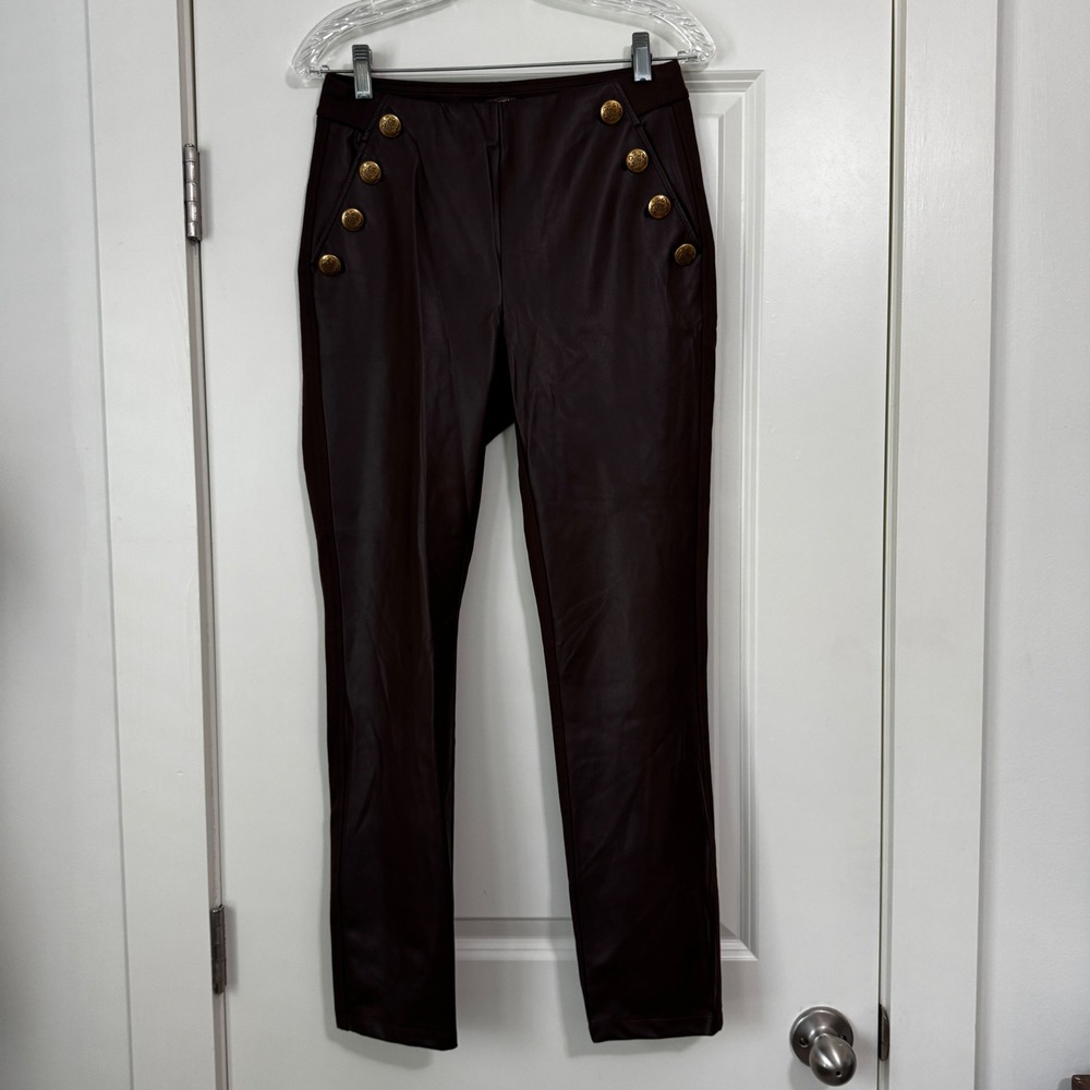 J McLaughlin Small Brown Faux Leather Sailor Straight Leg Pants w/ Gold Buttons